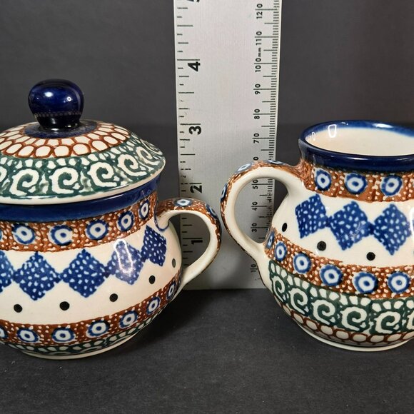 Polish Pottery UNIKAT Creamer Pitcher & Sugar Bowl Set w Lid Handmade Geometric - Picture 8 of 11